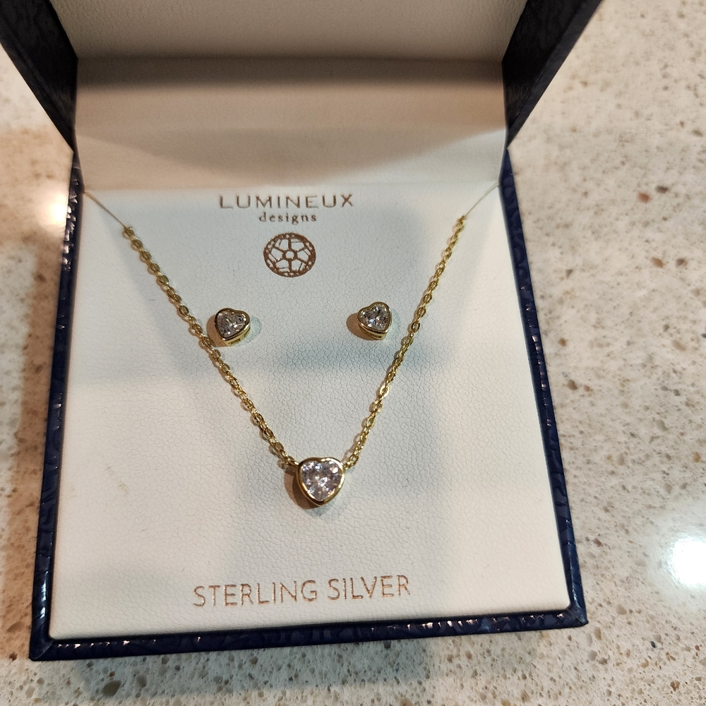 Lumineux  Sterling Silver Necklace Earrings Set Cz Heart Valentines Minimalist